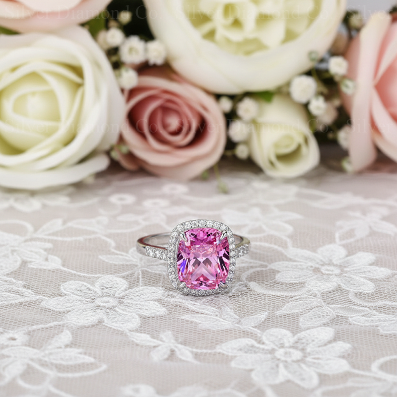 7Ct Pink Cushion Halo Ring - Silver Rings