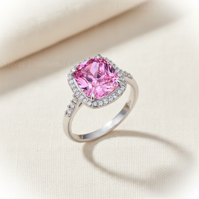 7Ct Pink Cushion Halo Ring - Silver Rings