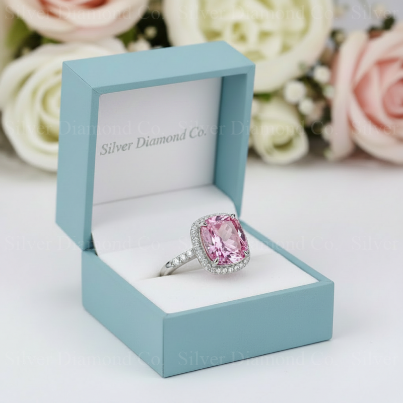 7Ct Pink Cushion Halo Ring - Silver Rings