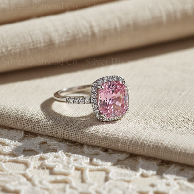 7Ct Pink Cushion Halo Ring - Silver Rings
