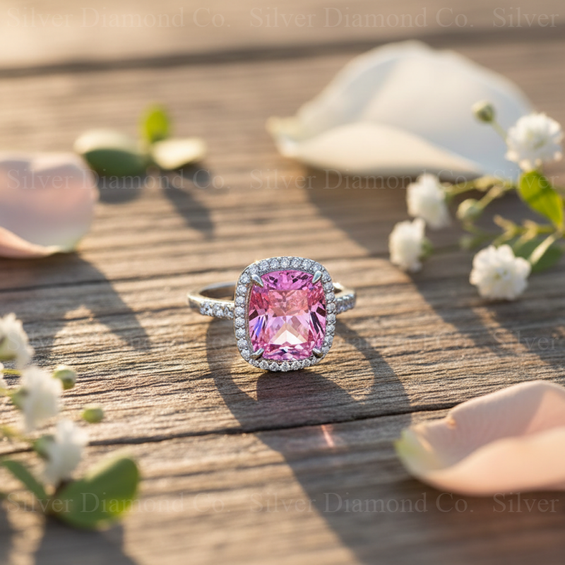 7Ct Pink Cushion Halo Ring - Silver Rings