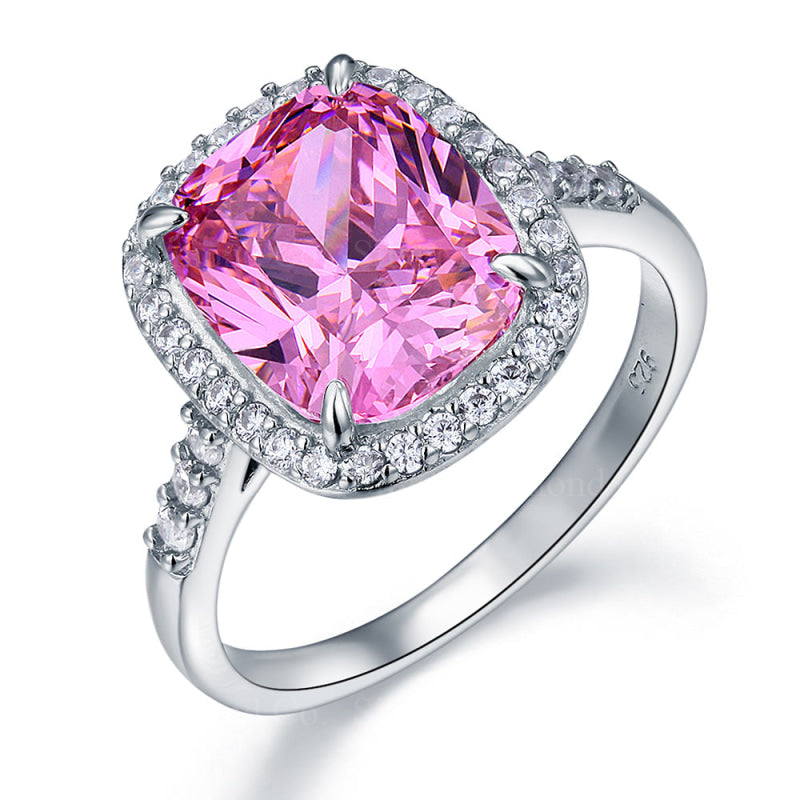7Ct Pink Cushion Halo Ring - Silver Rings