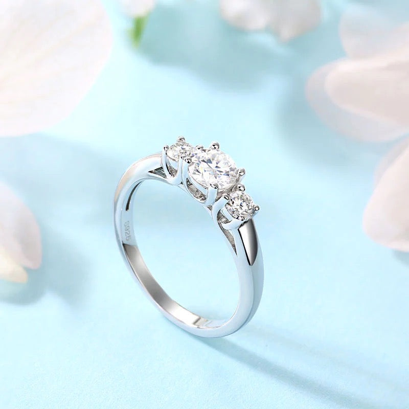 Three Stone Moissanite Band Engagement Ring 925 Sterling Silver