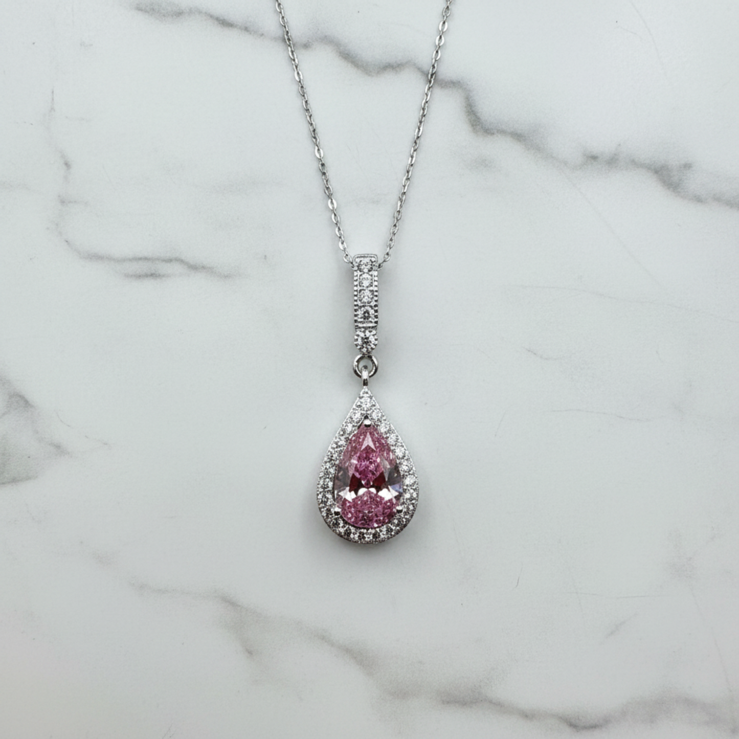 3 Carat Pear Cut Pink Diamond Pendant Necklace 925 Sterling Silver