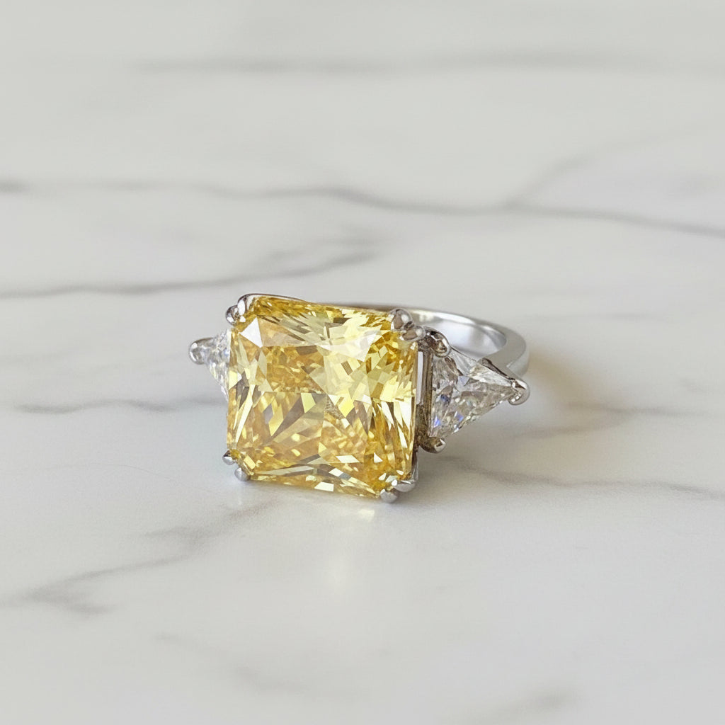925 Sterling Silver Three-Stone Luxury Ring 8 Carat Yellow Canary Created Diamond