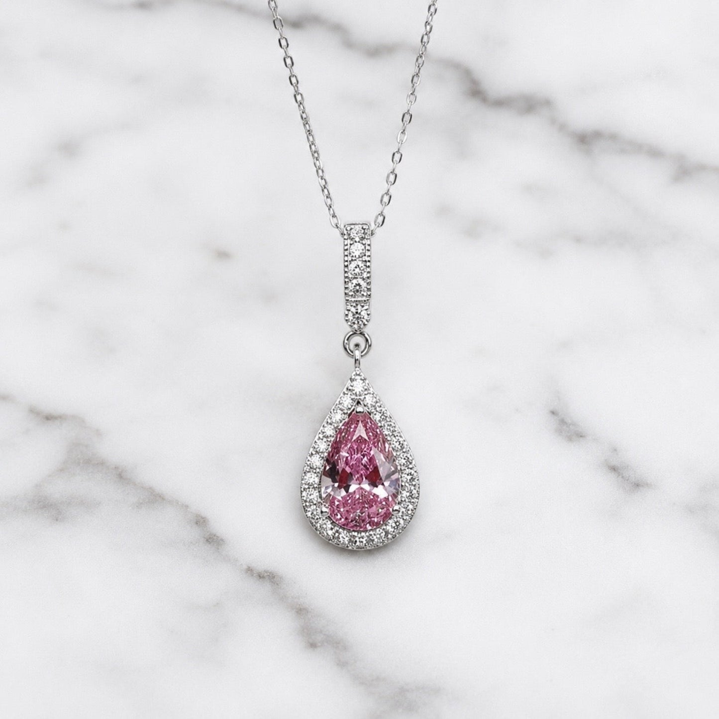 3 Carat Pear Cut Pink Diamond Pendant Necklace 925 Sterling Silver