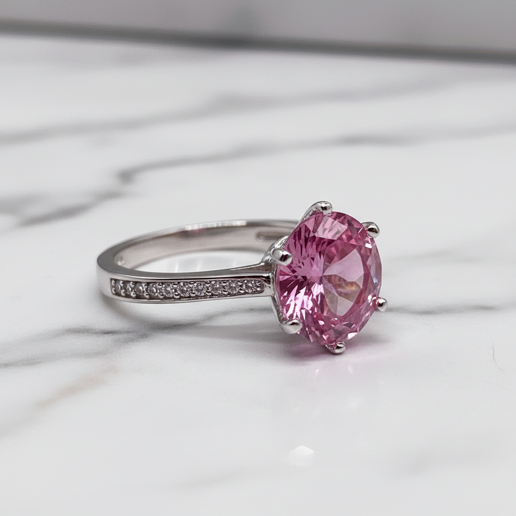 3 Carat Round Cut Pink Created Diamond Accented Engagement Ring 925 Sterling Silver