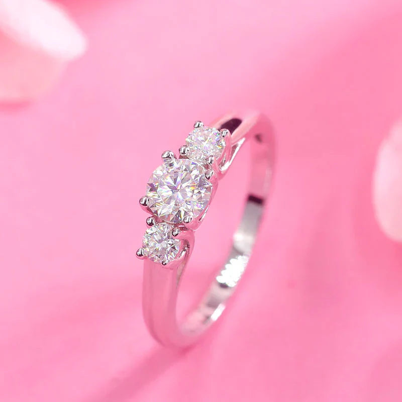 Three Stone Moissanite Band Engagement Ring 925 Sterling Silver