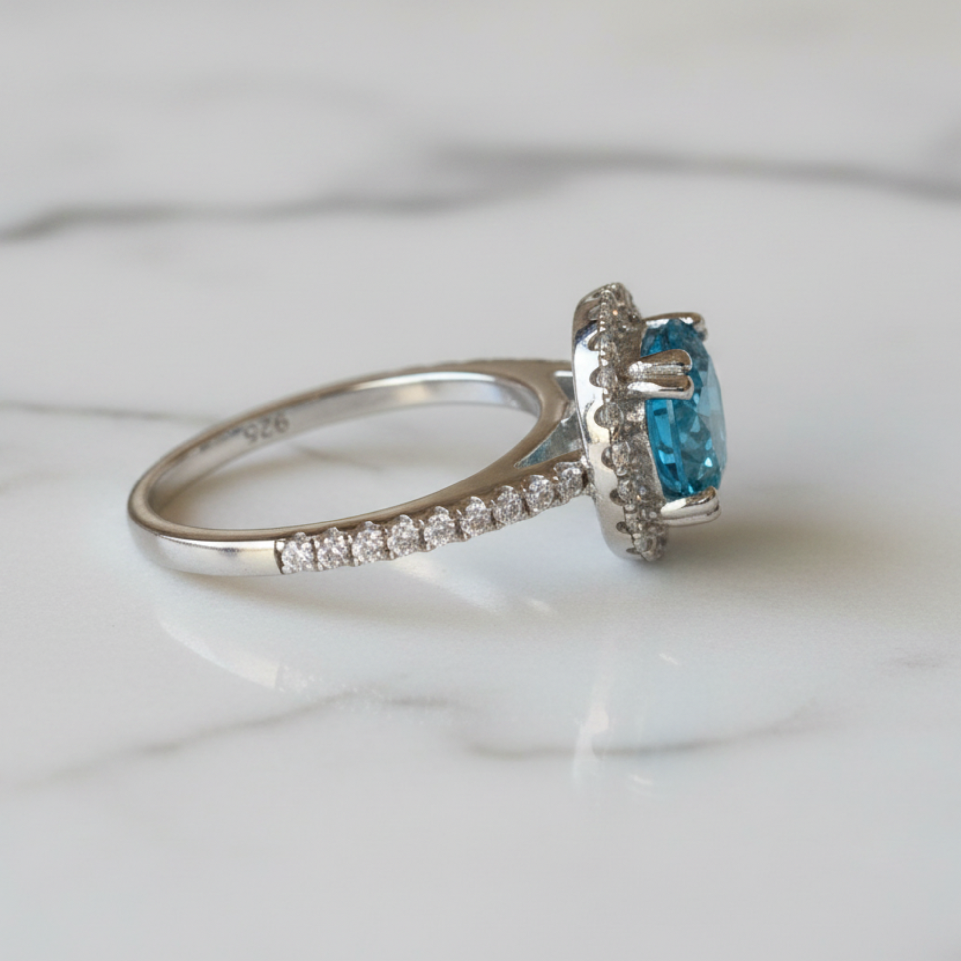 925 Sterling Silver Wedding Engagement Halo Ring 2 Carat Fancy Blue Simulated Diamond XFR8200 - Silver Rings