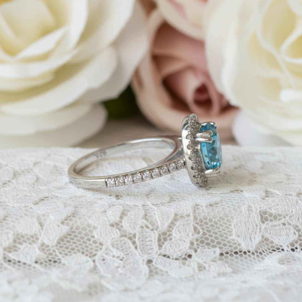 925 Sterling Silver Wedding Engagement Halo Ring 2 Carat Fancy Blue Simulated Diamond XFR8200 - Silver Rings