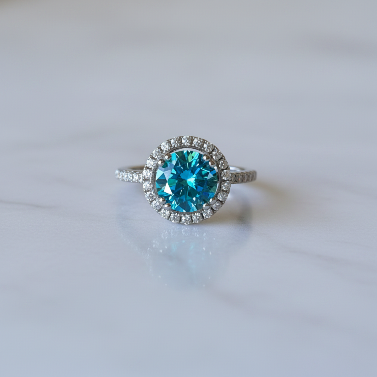 925 Sterling Silver Wedding Engagement Halo Ring 2 Carat Fancy Blue Simulated Diamond XFR8200 - Silver Rings