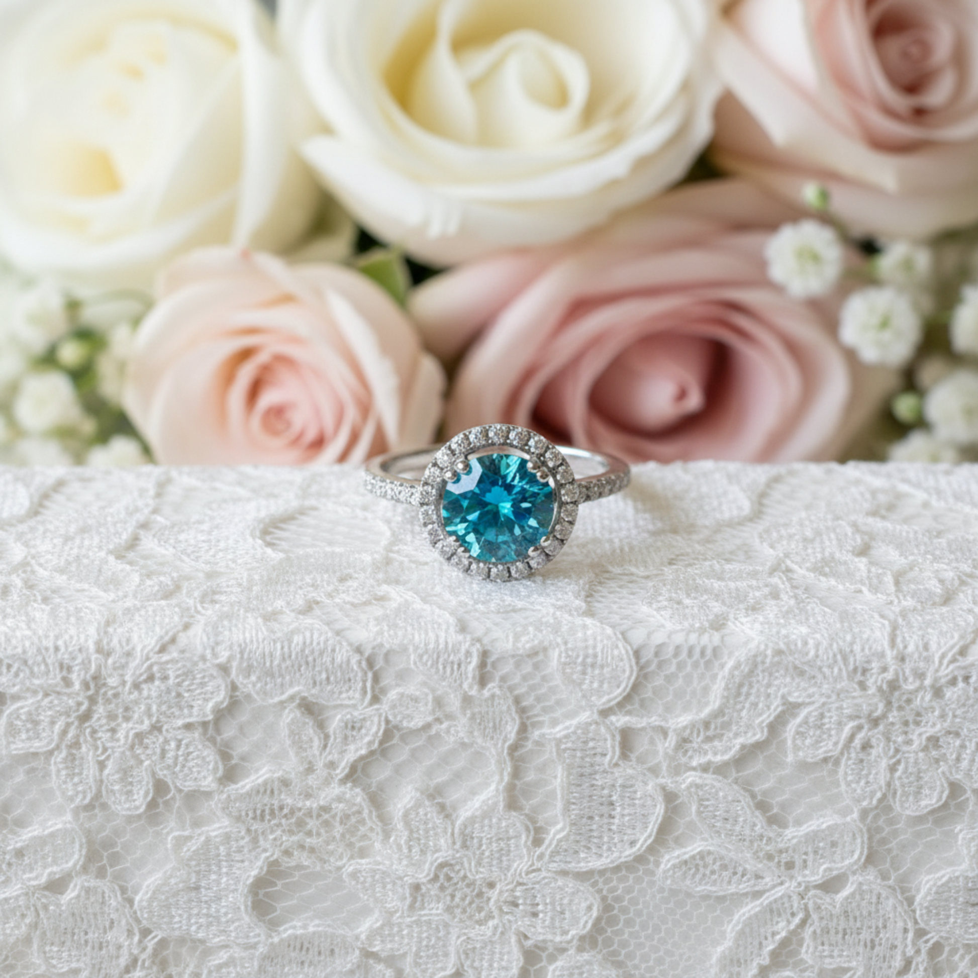 925 Sterling Silver Wedding Engagement Halo Ring 2 Carat Fancy Blue Simulated Diamond XFR8200 - Silver Rings