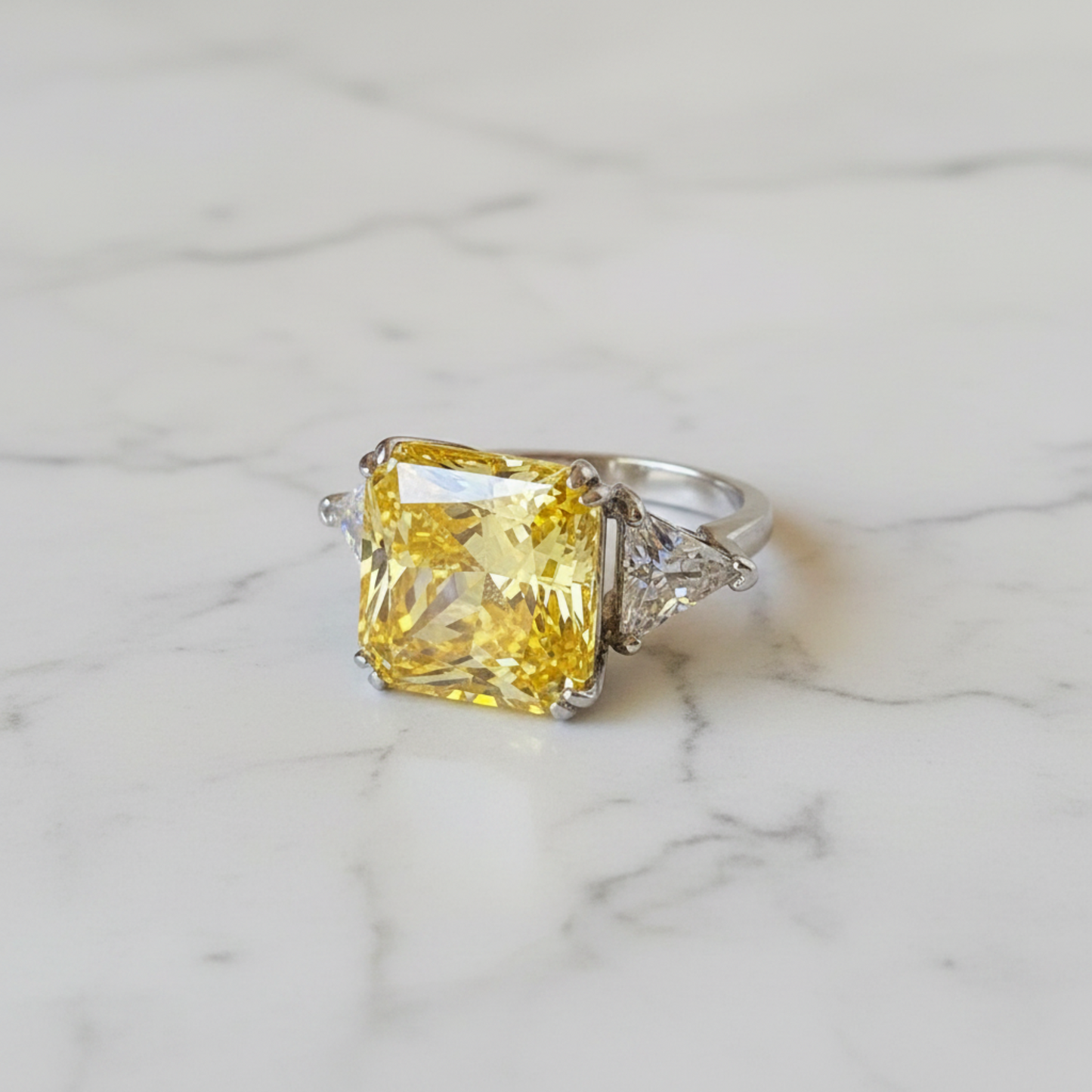 925 Sterling Silver Three-Stone Luxury Ring 8 Carat Yellow Canary Created Diamond