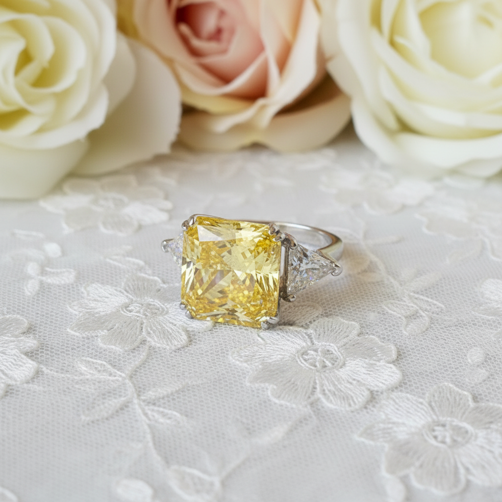 925 Sterling Silver Three-Stone Luxury Ring 8 Carat Yellow Canary Created Diamond