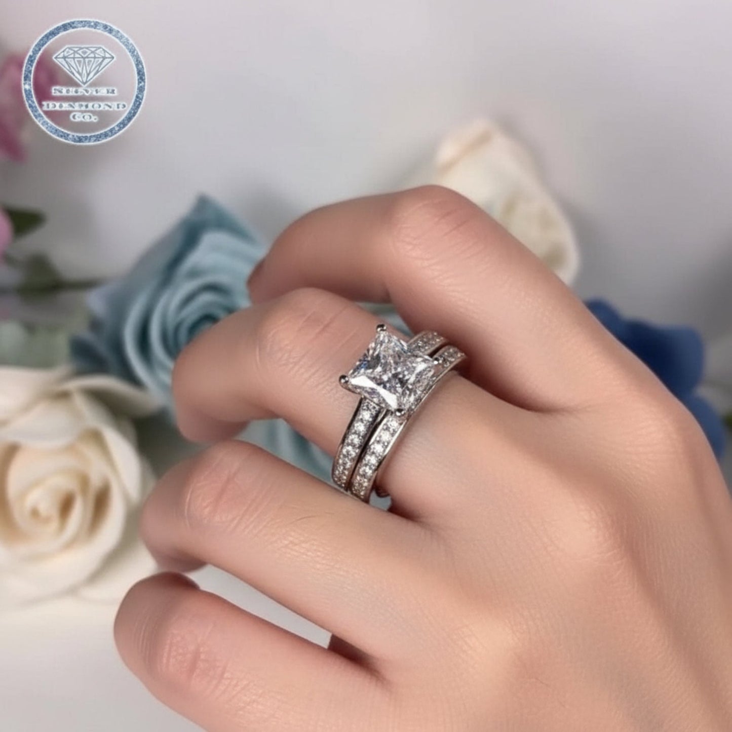 1.5 Carat Princess Cut Created Diamond 925 Sterling Silver 2-Pcs Wedding Engagement Ring Set