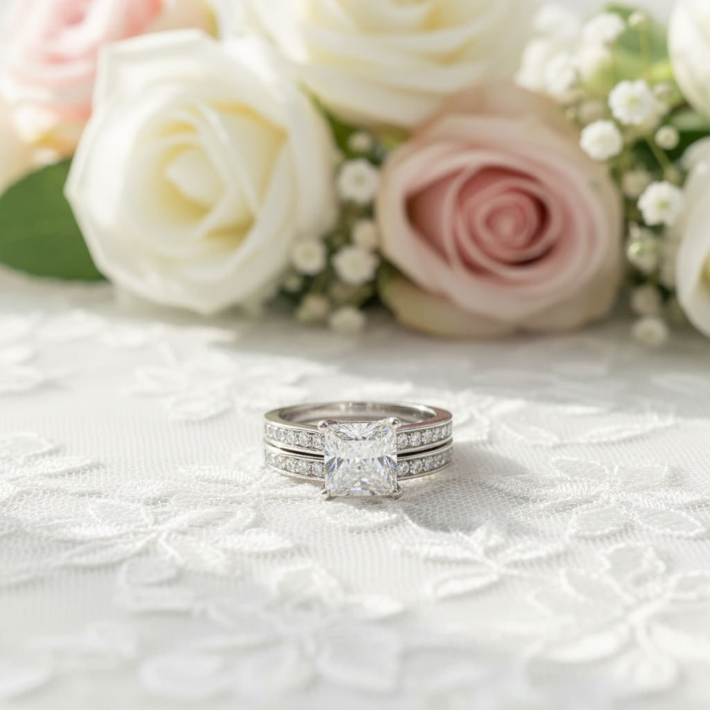 1.5 Carat Princess Cut Created Diamond 925 Sterling Silver 2-Pcs Wedding Engagement Ring Set