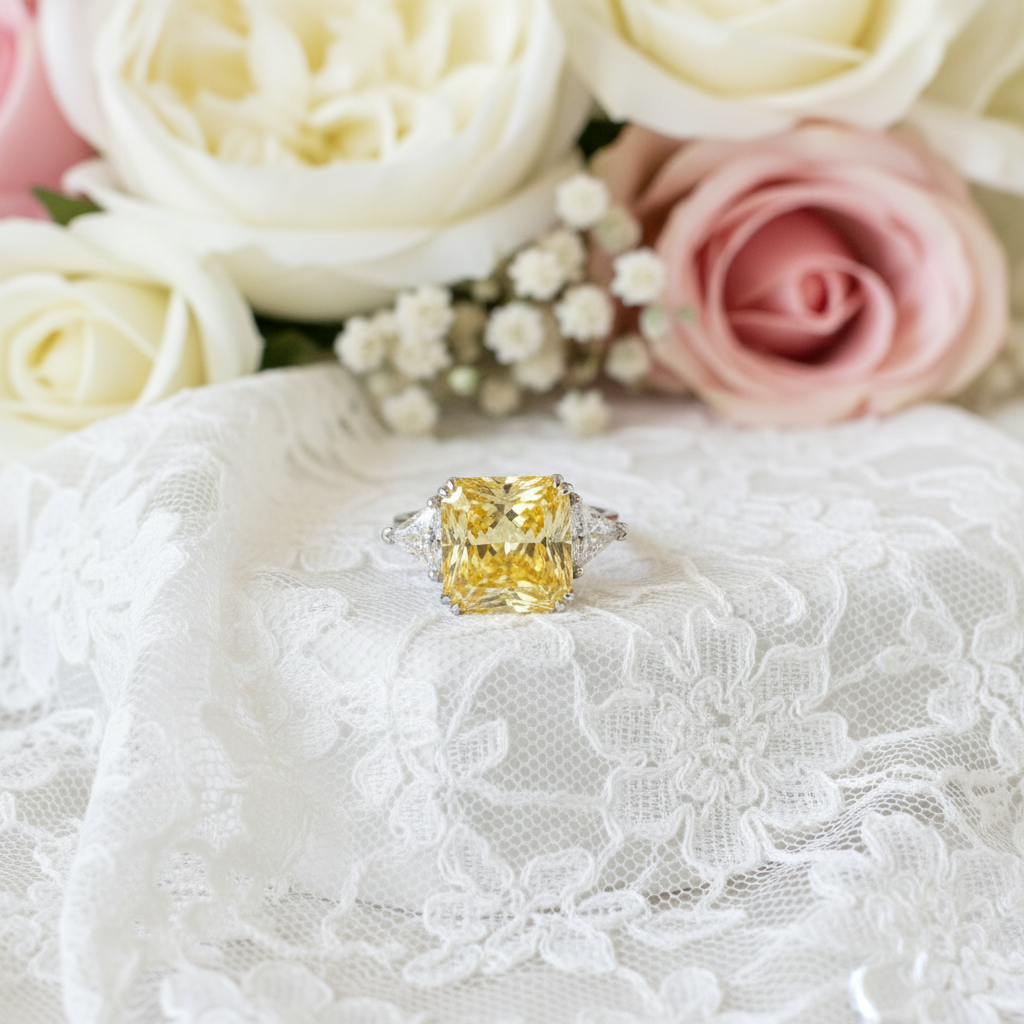 925 Sterling Silver Three-Stone Luxury Ring 8 Carat Yellow Canary Created Diamond