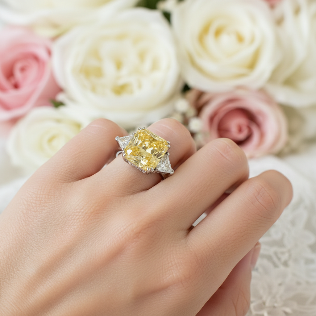 925 Sterling Silver Three-Stone Luxury Ring 8 Carat Yellow Canary Created Diamond