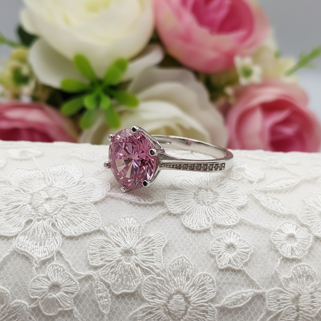3 Carat Round Cut Pink Created Diamond Accented Engagement Ring 925 Sterling Silver - Silver Rings