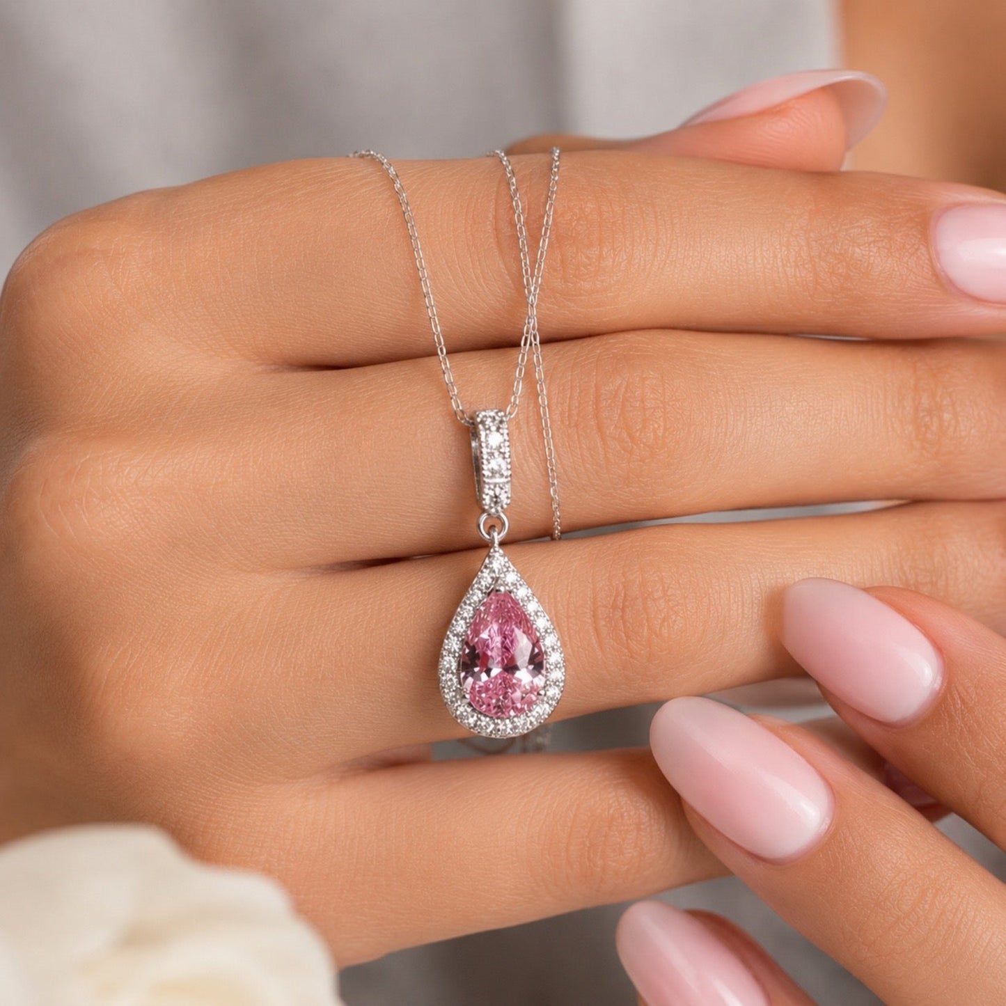 3 Carat Pear Cut Pink Diamond Pendant Necklace 925 Sterling Silver