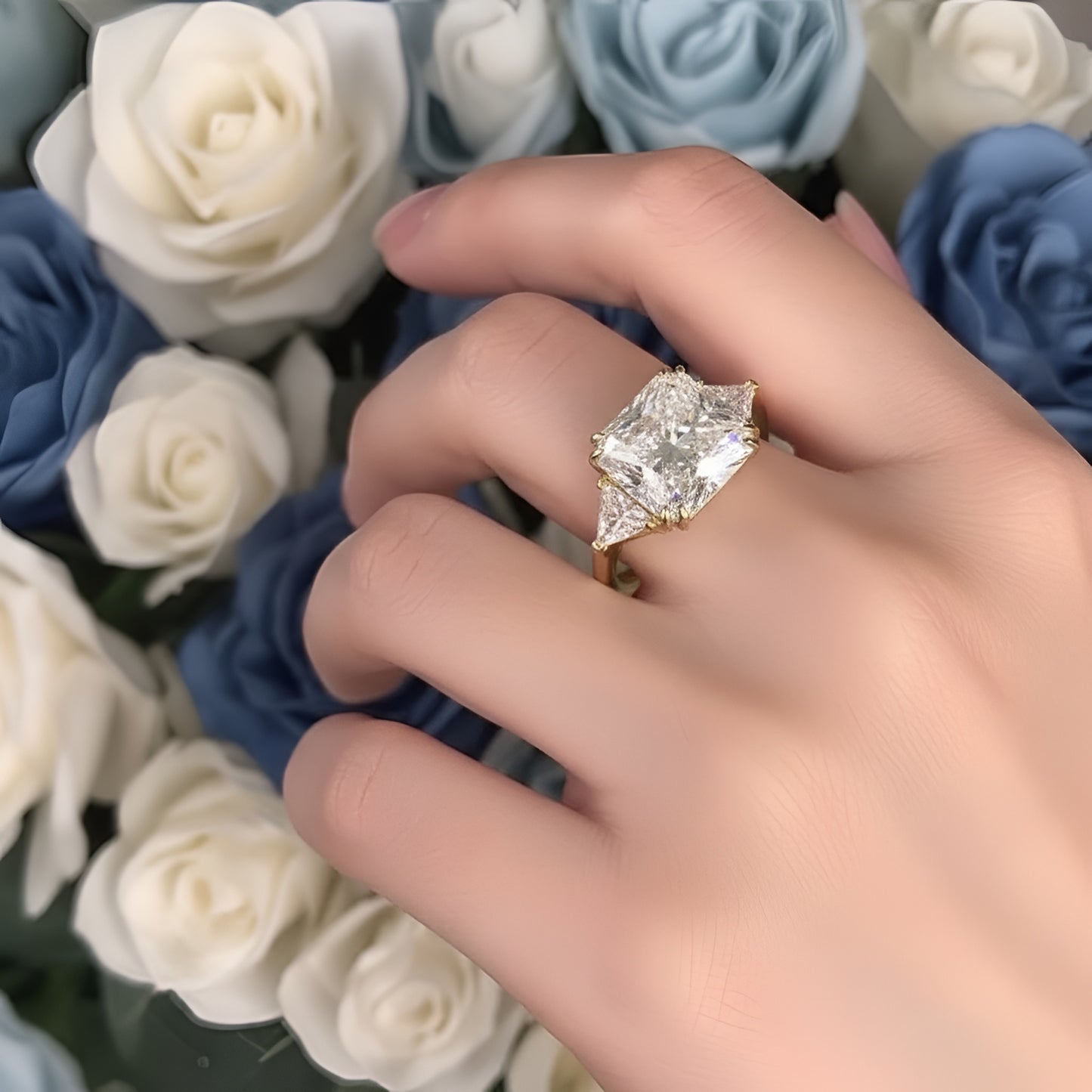 8 Ct Princess Three Stone Created Diamond Gold 925 Sterling Silver Statement Engagement Ring