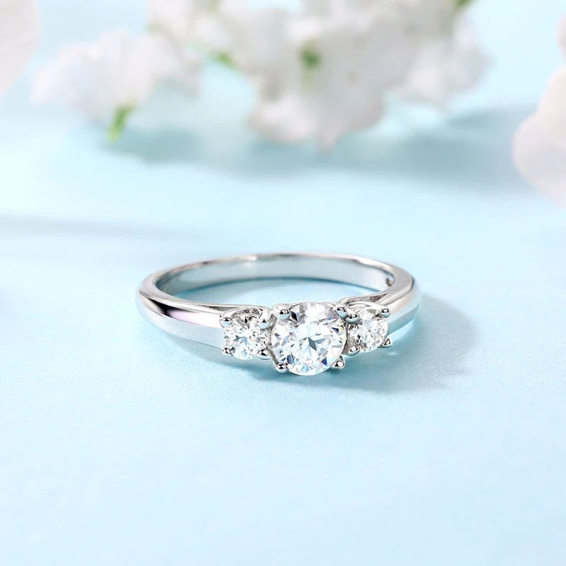 Three Stone Moissanite Band Engagement Ring 925 Sterling Silver