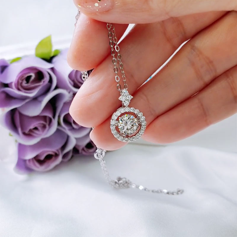 1 Carat Moissanite Diamond Dancing Halo Necklace 925 Sterling Silver