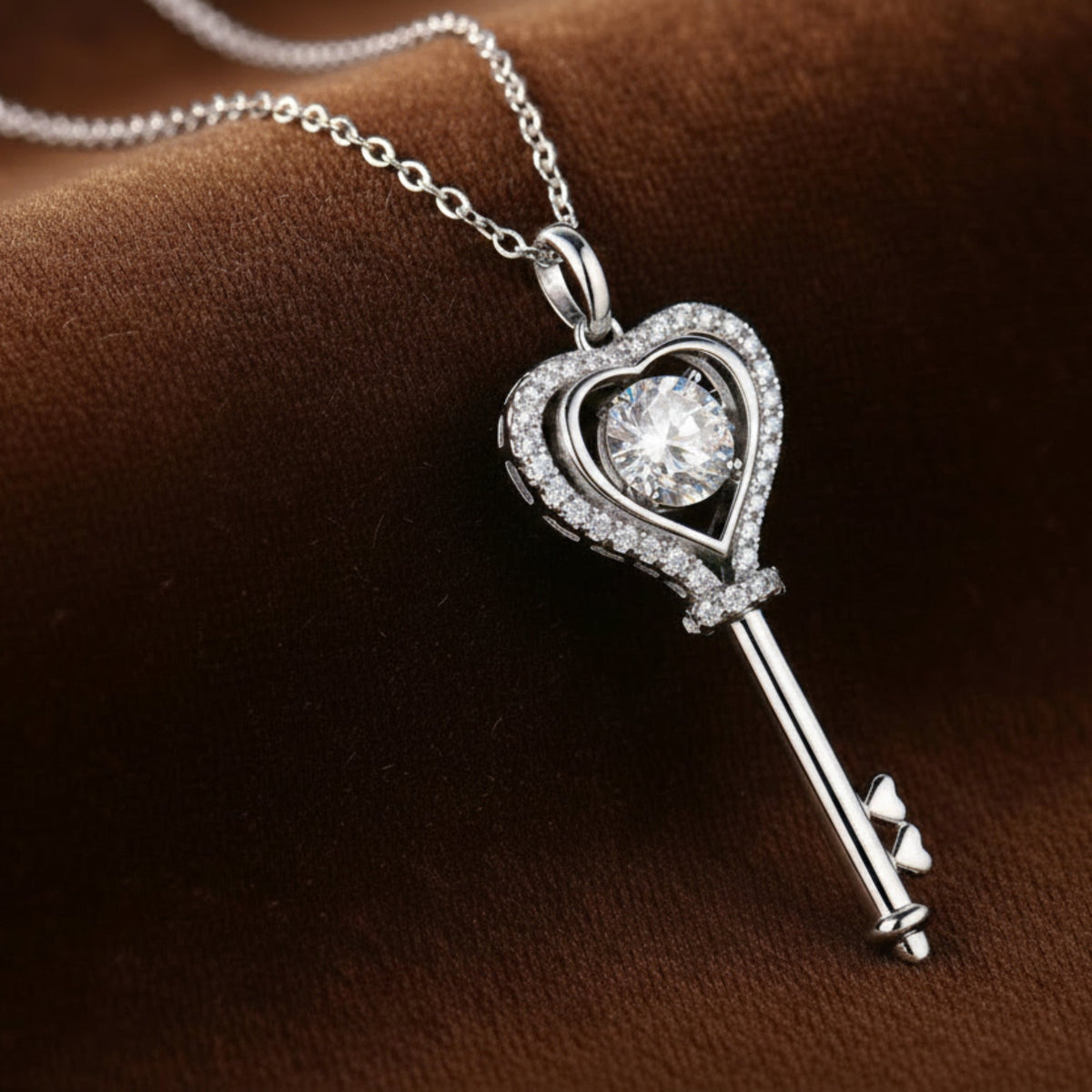 Moissanite Diamond Key Necklace Dancing Stone Necklace Heart Pendant Necklace 1 Carat Pendant Necklace Sterling Silver