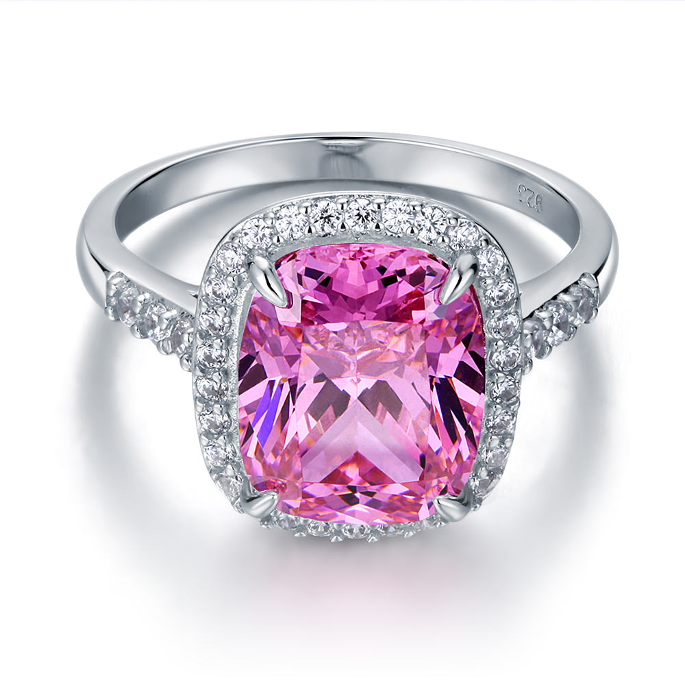 7Ct Pink Cushion Halo Ring - Silver Rings