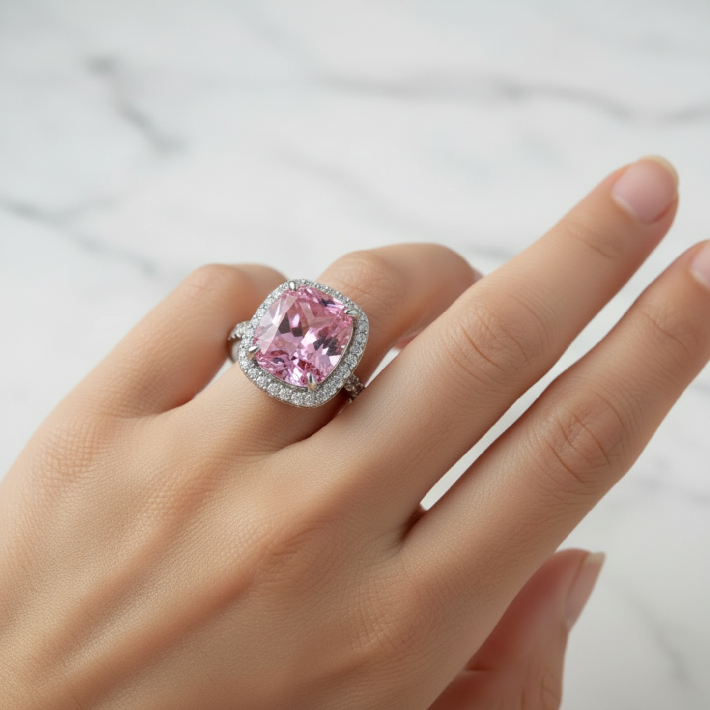 925 Sterling Silver Pink Sapphire Halo Ring for Women