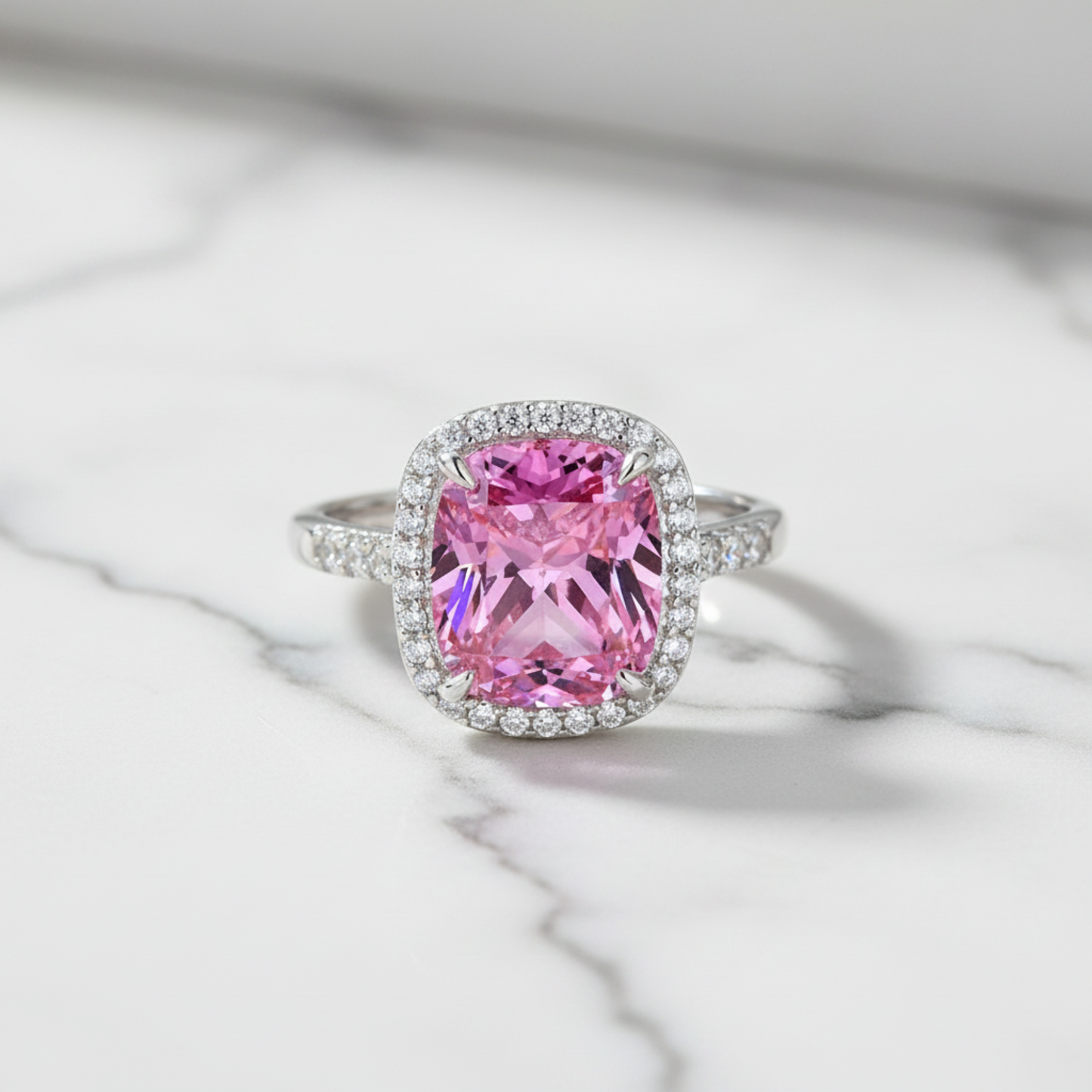 925 Sterling Silver Pink Sapphire Halo Ring for Women