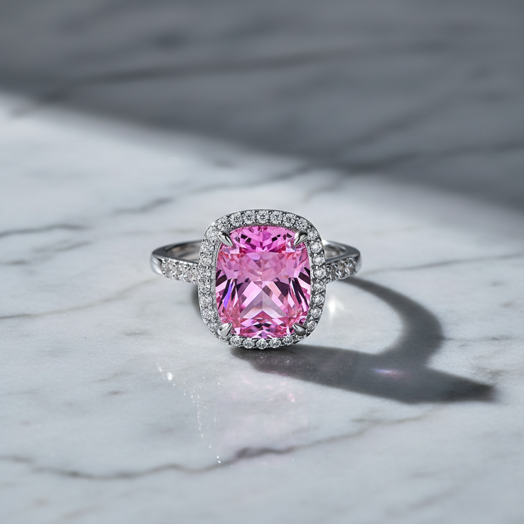 7Ct Pink Cushion Halo Ring - Silver Rings