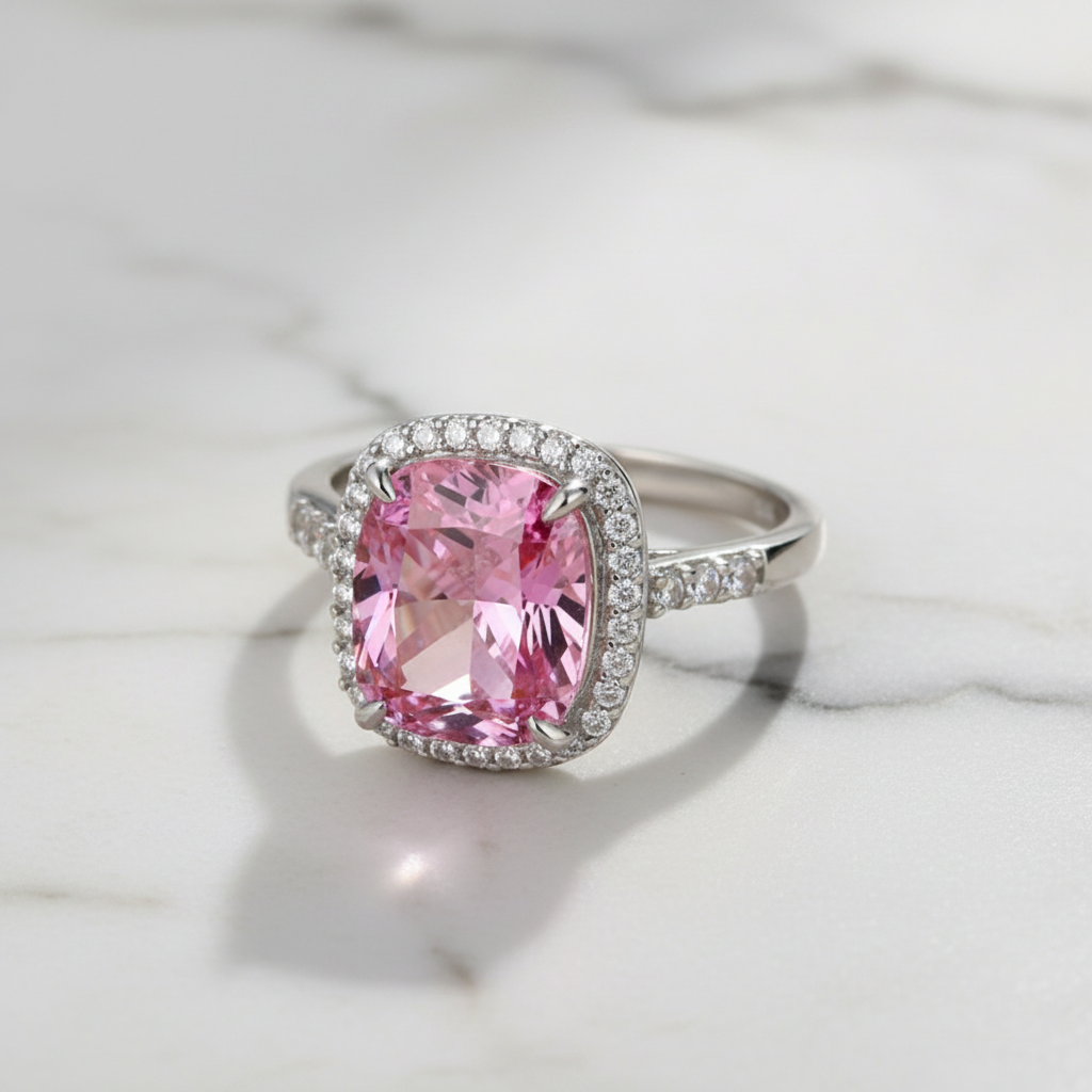 925 Sterling Silver Pink Sapphire Halo Ring for Women