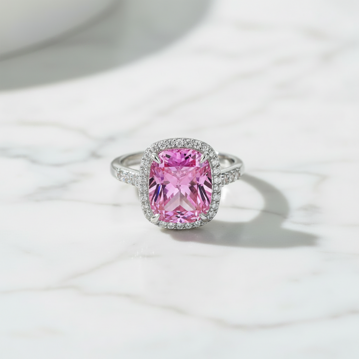 7Ct Pink Cushion Halo Ring - Silver Rings