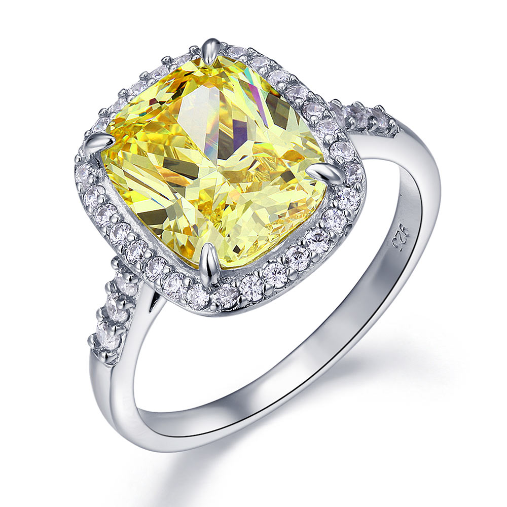 6 Carat Cushion Cut Halo Lab Created Yellow Diamond Ring 925 Sterling Silver