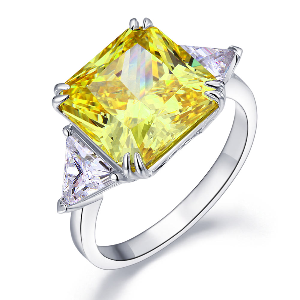 925 Sterling Silver Three-Stone Luxury Ring 8 Carat Yellow Canary Created Diamond