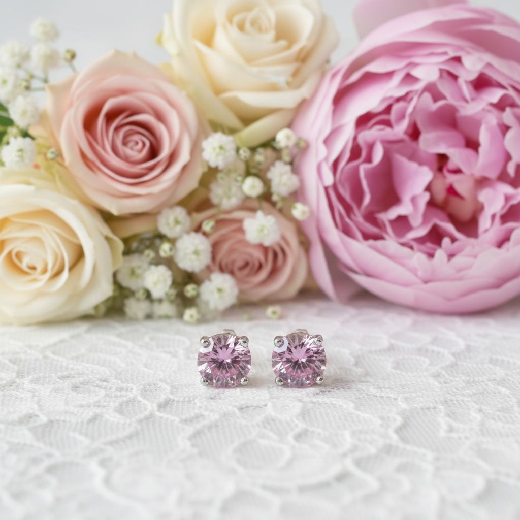 1 Carat Round Created Pink Diamond Stud Earrings 925 Sterling Silver - Silver Earrings