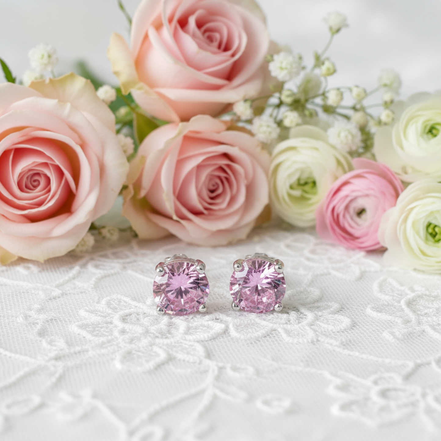 1 Carat Round Created Pink Diamond Stud Earrings 925 Sterling Silver - Silver Earrings