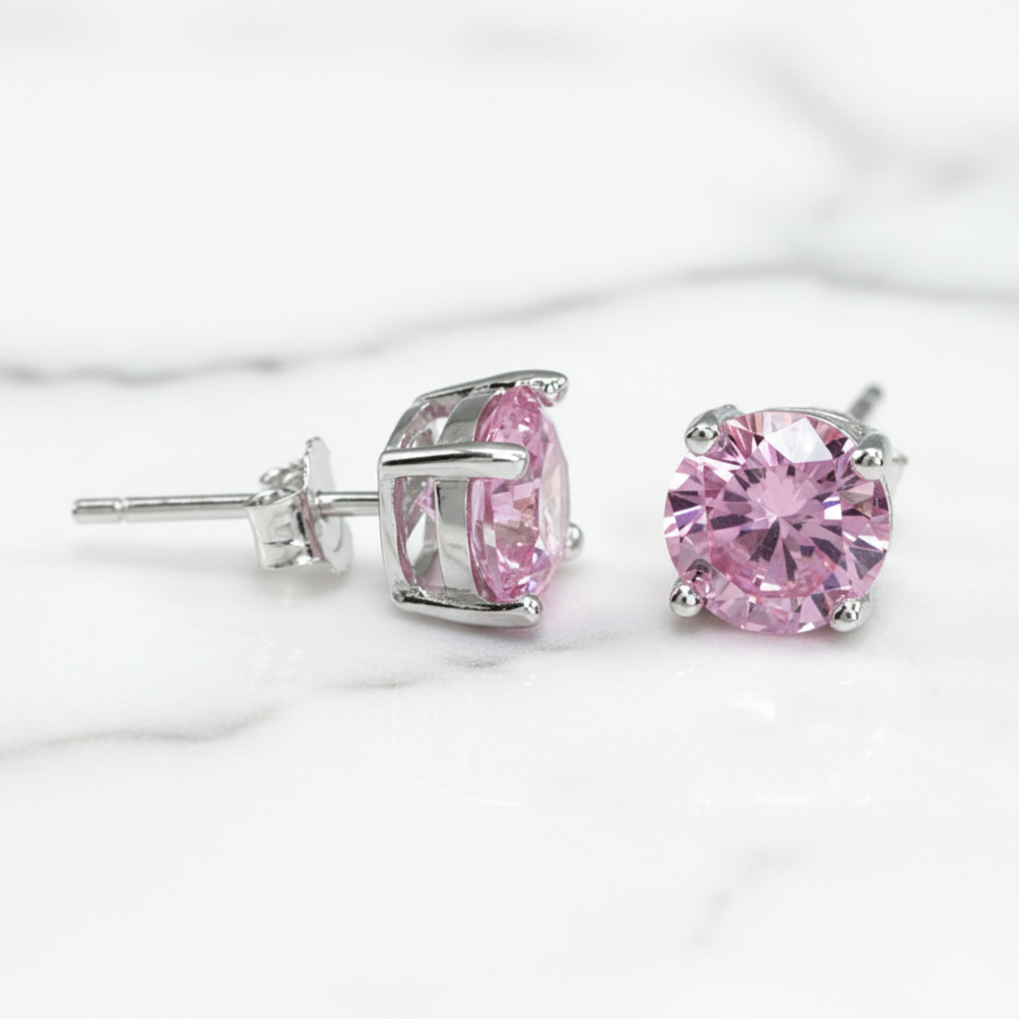 1 Carat Round Created Pink Diamond Stud Earrings 925 Sterling Silver - Silver Earrings