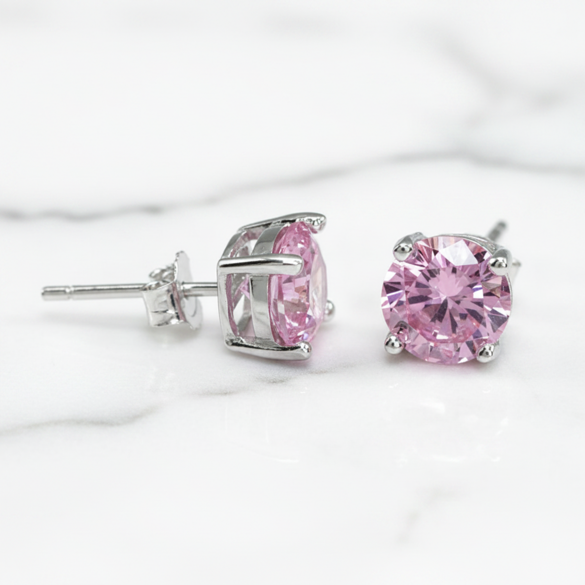1 Carat Round Created Pink Diamond Stud Earrings 925 Sterling Silver - Silver Earrings