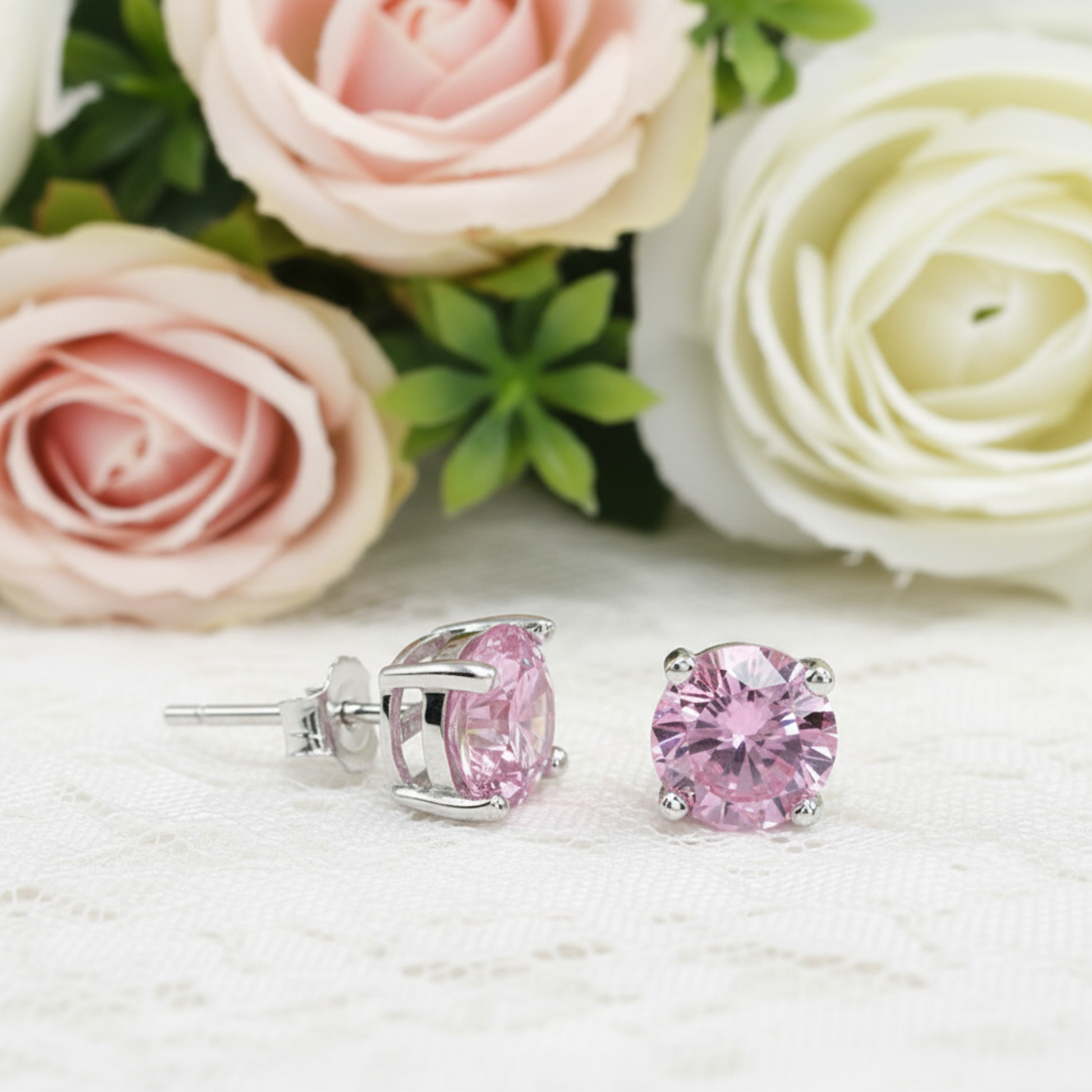 1 Carat Round Created Pink Diamond Stud Earrings 925 Sterling Silver - Silver Earrings