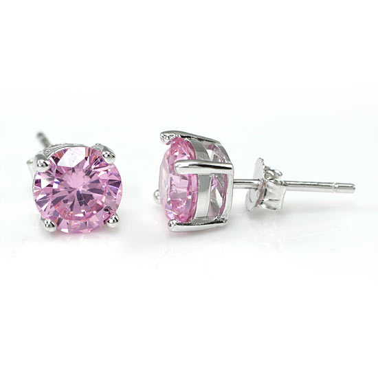 1 Carat Round Created Pink Diamond Stud Earrings 925 Sterling Silver - Silver Earrings