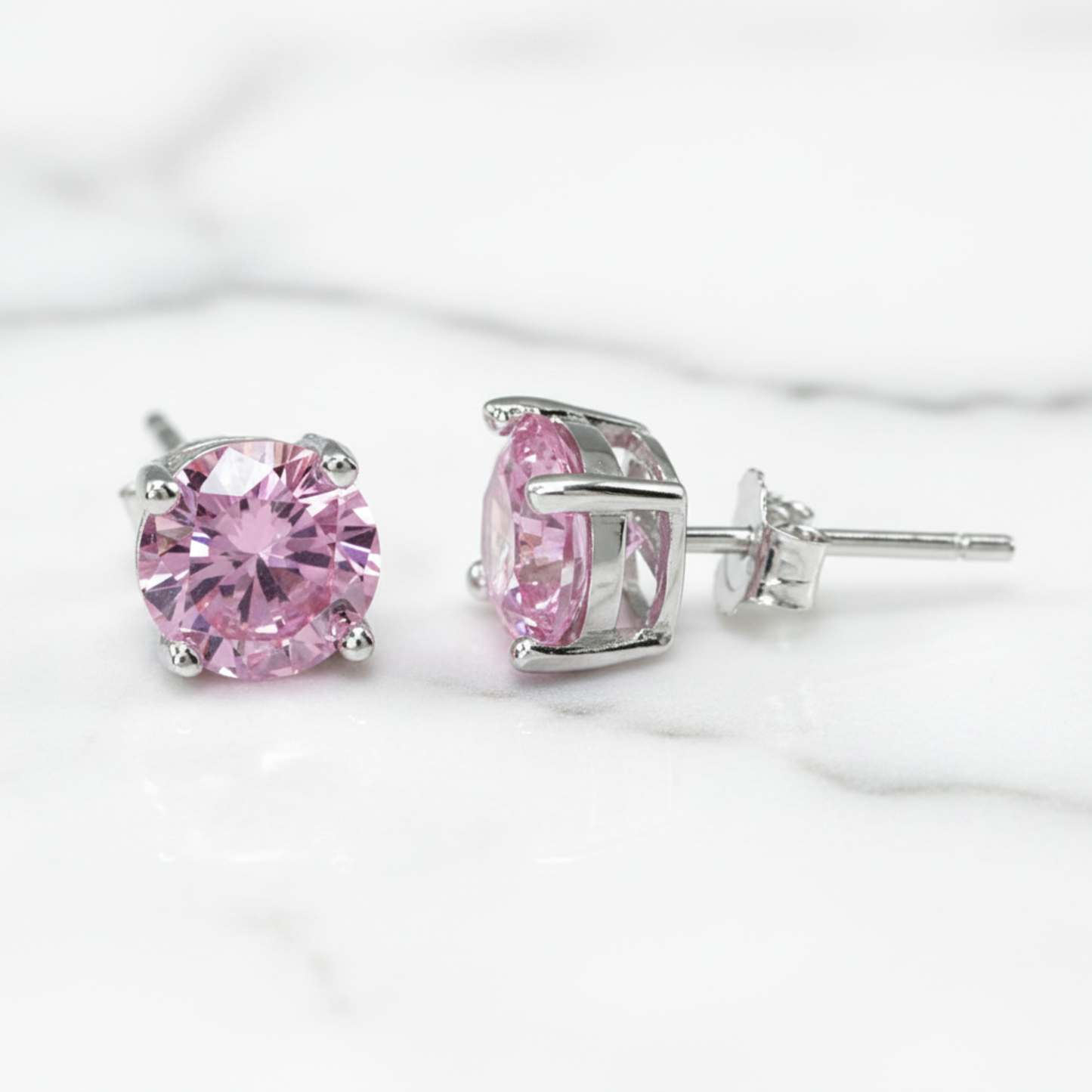 1 Carat Round Created Pink Diamond Stud Earrings 925 Sterling Silver - Silver Earrings