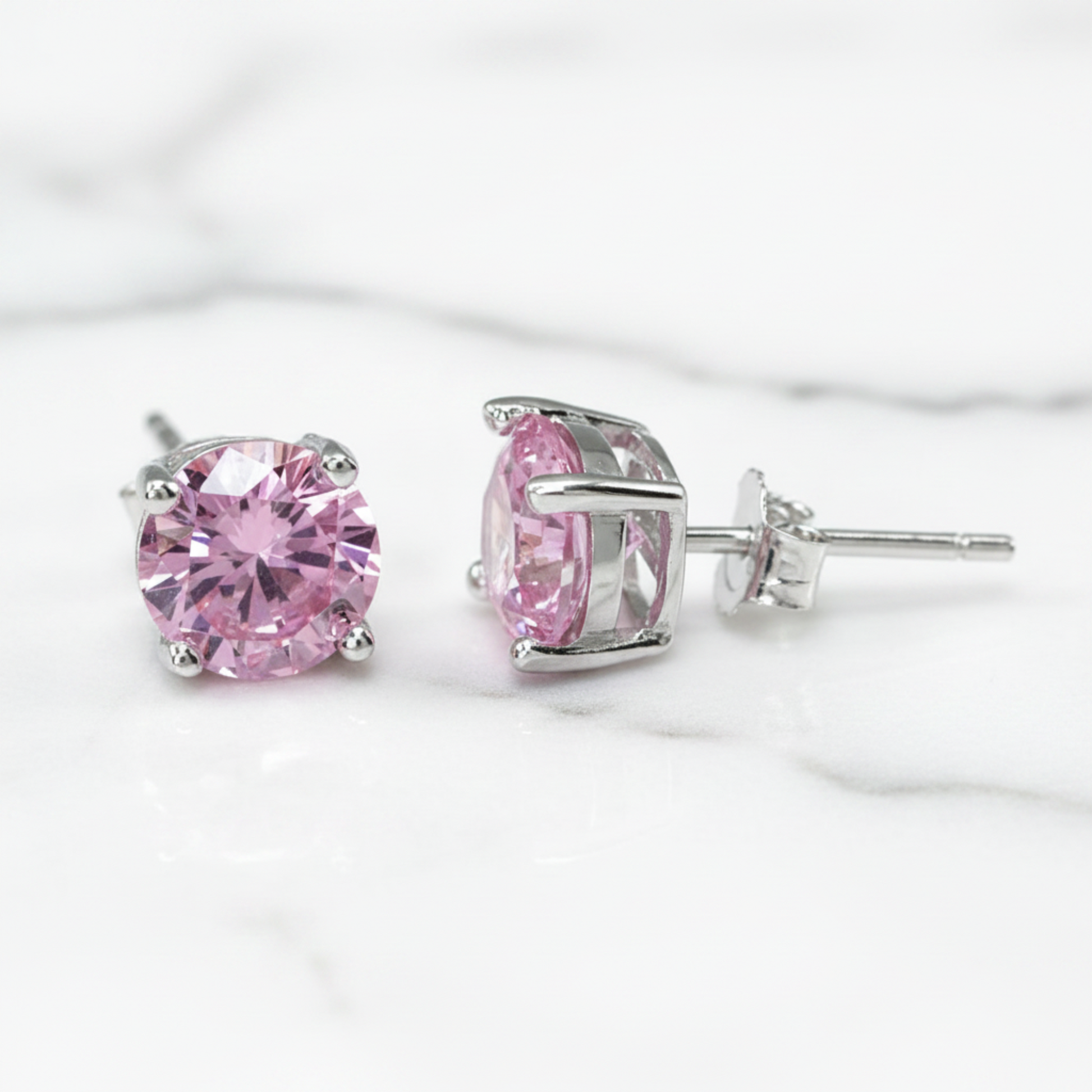 1 Carat Round Created Pink Diamond Stud Earrings 925 Sterling Silver - Silver Earrings
