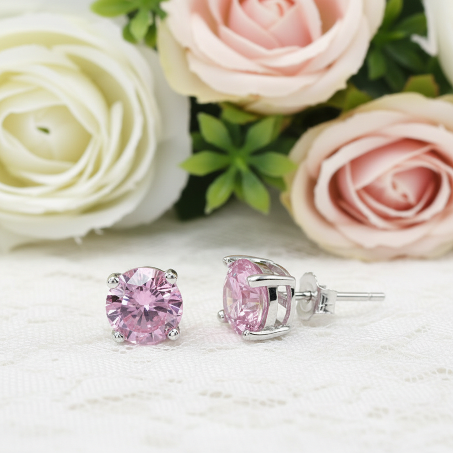 1 Carat Round Created Pink Diamond Stud Earrings 925 Sterling Silver - Silver Earrings
