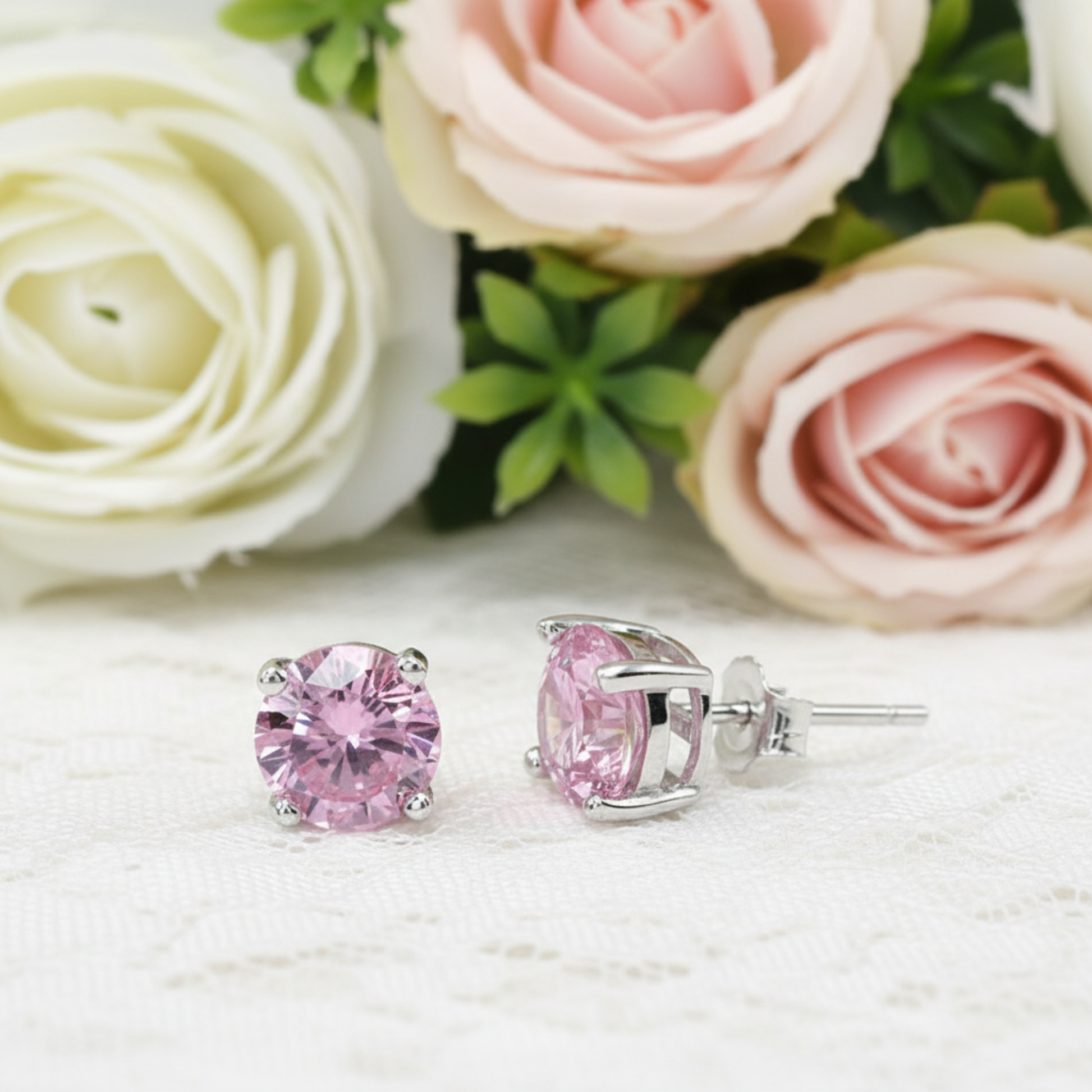 1 Carat Round Created Pink Diamond Stud Earrings 925 Sterling Silver - Silver Earrings