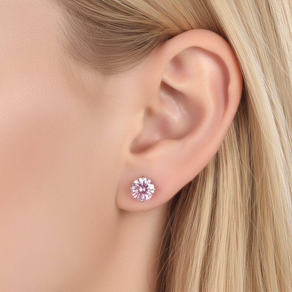 1 Carat Round Created Pink Diamond Stud Earrings 925 Sterling Silver - Silver Earrings