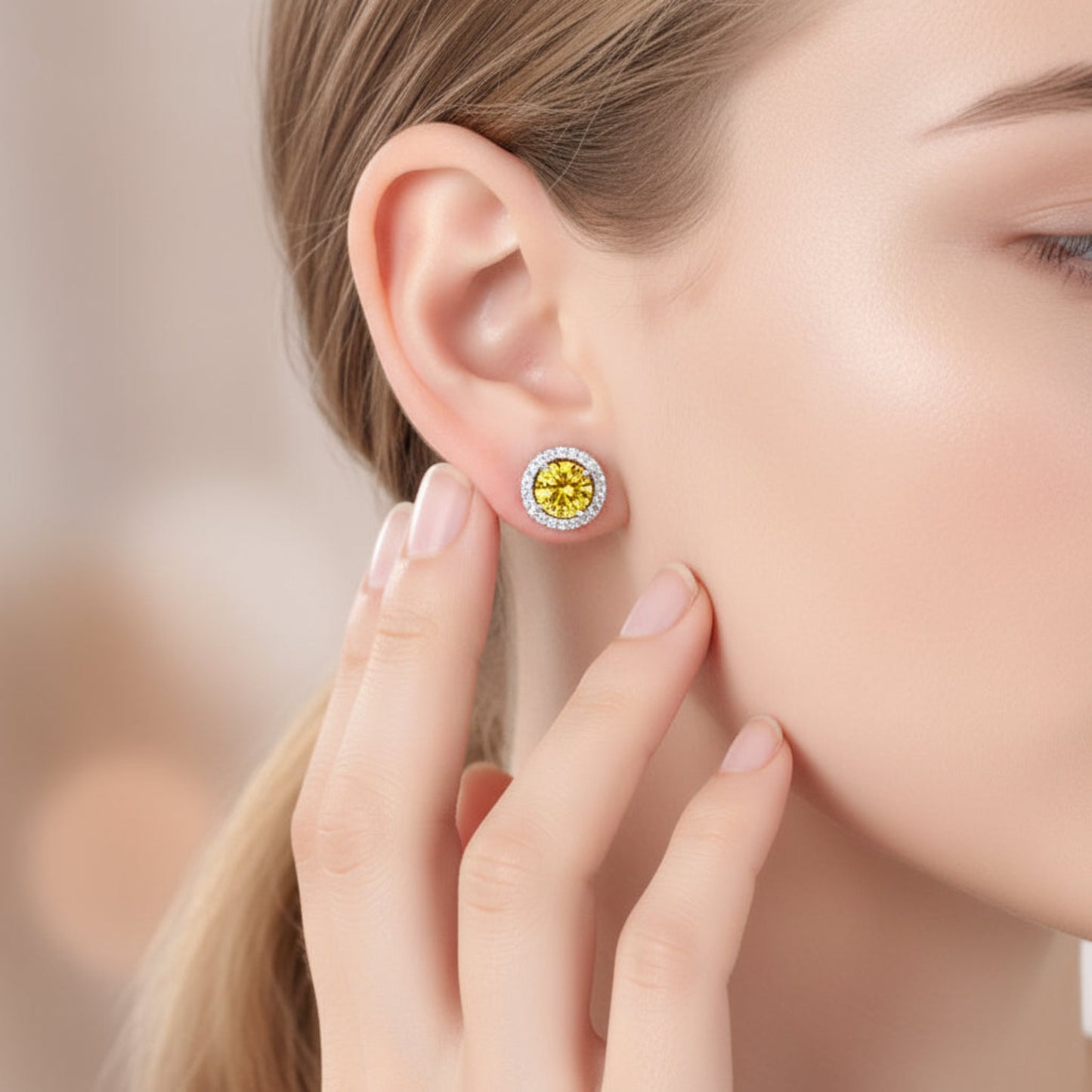 2.5 Carat Round Fancy Yellow Halo (Removable) Stud 925 Sterling Silver Earrings XFE8127