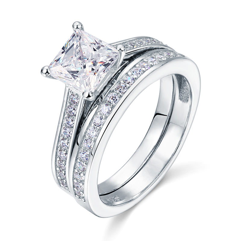 1.5 Carat Princess Cut Created Diamond 925 Sterling Silver 2-Pcs Wedding Engagement Ring Set