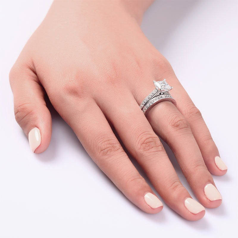1.5 Carat Princess Cut Created Diamond 925 Sterling Silver 2-Pcs Wedding Engagement Ring Set